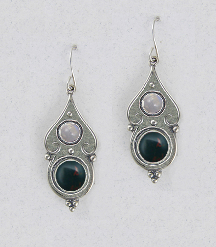 Sterling Silver Gothic Look With Bloodstone And Rainbow Moonstone Gemstone Drop Dangle Earrings